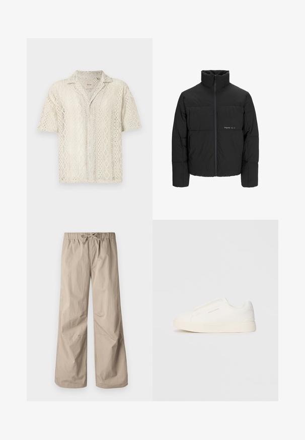 Svart boblejakke med høy krage, frontåpning med glidelås og kviltet design. Glatt stoff med en subtil logo på brystet.; Kortermet skjorte med knapper i kremfarge, med et blondelignende heklemønster i diamantformer. Myk tekstur med en avslappet passform.; Beige vide bukser med elastisk talje og snøre. Glat tekstur, to sidelommer og minimale syninger for en afslappet pasform.; Hvite slip-on joggesko med teksturert overflate, tykk såle og minimalistisk design. Har merkevarelogo på siden.