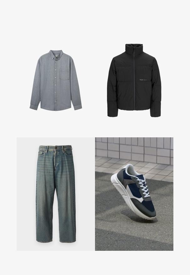 Fekete puff dzseki magas gallérral, elülső cipzárral és steppelt kialakítással. Simaságú anyag, finom logóval a mellkason.; Szürke gombos ing hosszú ujjakkal, gallérral, egyetlen melltartó zsebből és texturált anyagból készült. Az elején látható gombokkal záródik.; Világoskék farmernadrág, laza fazonnal, közepes derékbőséggel és egyenes szárral. Öt zsebet, övbucskát és gombos záródást tartalmaz.; Cipő, amelynek sötétkék hálós felsőrésze, szürke velúr díszítései, fehér gumitalpa és lapos fehér fűzője van, a kényelem és a légáteresztő képesség érdekében tervezve.