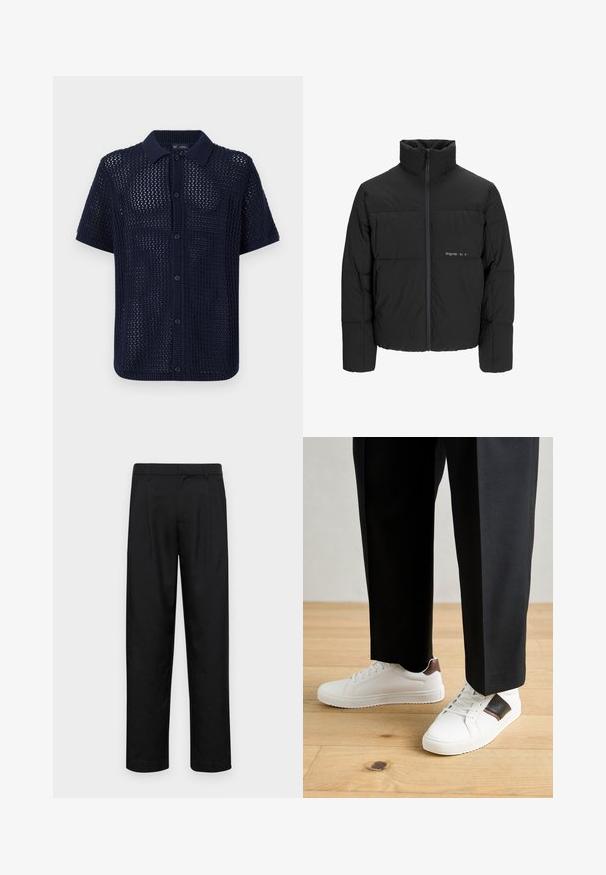 Musta puhvijakku, jossa on korkea kaulus, etuvetoketju ja tikattu muotoilu. Sileä kangas, jossa on hienovarainen logo rinnassa.; Laivastonsininen lyhythihainen neulepaita, jossa on teksturoidut avonaiset kudokset, nappikaulus edessä ja joustavat hihansuut. Sisältää kuusi nappia.; Mustat housut, jotka on valmistettu sileästä kankaasta, suoran lahkeen muotoilulla, kahdella etupleekillä ja tavanomaisella vyötäröllä, jossa on vyölenkit.; Valkoiset tennarit, joissa on sileä pinta, ruskealla nahka-akentilla ja mustilla yksityiskohdilla, yhdistetty mustiin räätälöityihin housuihin. Taustalla puulattia.