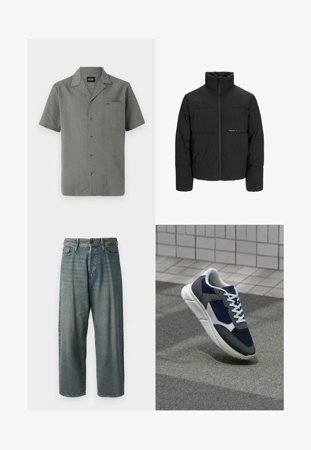 Black puffer jacket featuring a high collar, front zip closure, and quilted design. Smooth fabric with a subtle logo on the chest.; Short-sleeve, gray shirt made of textured fabric, featuring a pointed collar, chest pocket, and dark buttons down the front.; Light blue denim jeans with a loose fit, mid-rise waist, and straight legs. Features five pockets, belt loops, and a button closure.; Sneaker featuring a navy blue mesh upper, gray suede accents, white rubber sole, and flat white laces, designed for comfort and breathability.