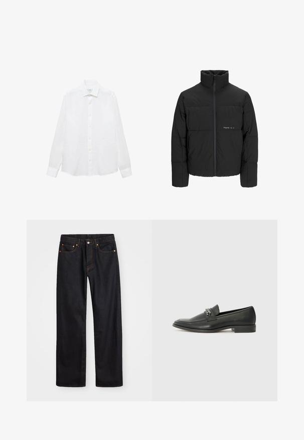 Czarna kurtka puchowa z wysokim kołnierzem, z przodu na zamek błyskawiczny i pikowanym wzorem. Gładki materiał z subtelnym logo na piersi.; Biała koszula z długim rękawem wykonana z bawełny. Posiada kołnierzyk zapinany na guziki, guziki z przodu oraz prosty dół. Brak wzorów lub akcentów.; Męskie jeansy w prostym kroju, czarne, z pięcioma kieszeniami oraz pomarańczowymi strefami, z zapięciem na guzik i zamek z przodu w pasie.; Czarne skórzane mokasyny o gładkim wykończeniu, z haftowanym wzorem i dekoracyjnym akcentem z metalowego łańcucha na wierzchu. Płaska pięta.