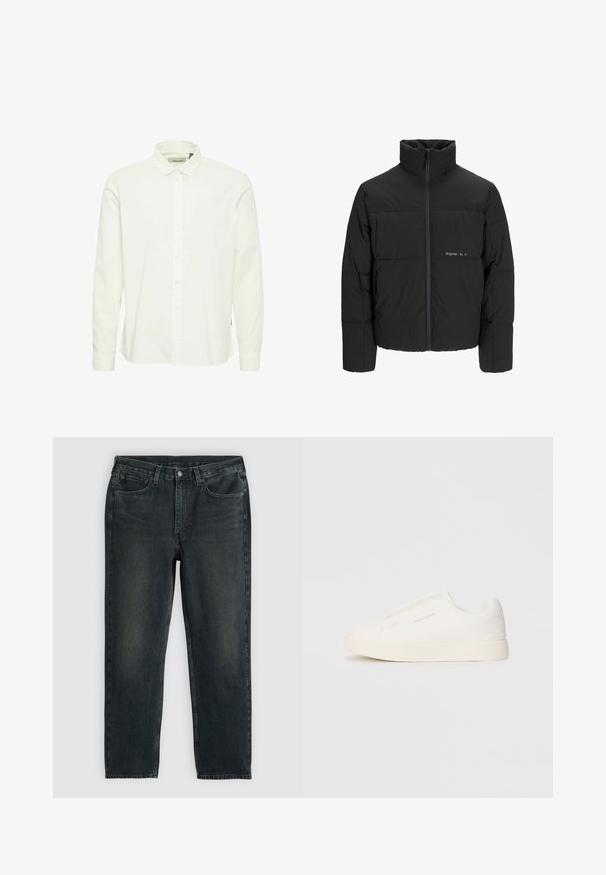 Črni pufast plašč z visokim ovratnikom, sprednjim zadrgo in prešitjem. Gladka tkanina z diskretnim logotipom na prsih.; Bela bombažna srajca z dolgimi rokavi, z ovratnikom na gumbe, sprednjim zapiranjem in gumba na manšetah; ima subtilno teksturirano površino.; Temno modri traper hlače z ravnim krojem, opremljene s petimi žepi, zadrgo in kontrastnim šivom. Nežna bledica na tkanini.; Bele zapete brez vezalk z teksturirano površino, debelim podplatom in minimalističnim dizajnom. Na strani se nahaja logotip blagovne znamke.