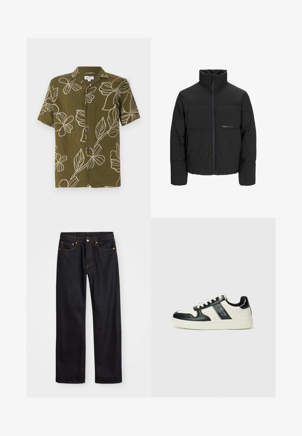 Mustra musta puffer-jakk, millel on kõrge krae, eesne tõmblukku ja tikandiga disain. Sile kangas, millel on rindkeres diskreetne logo.; Lühikeste varrukatega oliiviroheline särk valgete lillede tikandiga, nööbid ees, pingevaba lõige. Pehme tekstuur, lõbus disain, mis sobib sooja ilma jaoks.; Meeste sirge jala mustad denim teksad viie taskuga, oranž õmblus, nupu ja tõmblukuga ees nagu vöökoht.; Nahatud nahkkingad musta ja kreemi värviskeemiga, millel on perforeeritud aktsendid, pehme krae ja tekstureeritud tallad.