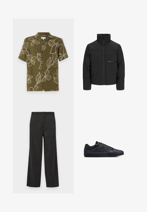 Zwarte pufferjas met een hoge kraag, ritssluiting aan de voorkant en een quilted design. Glad materiaal met een subtiel logo op de borst.; Korte mouwen olijfgroene shirt met witte bloemenborduursels, knoopsluiting aan de voorkant en een relaxte pasvorm. Zachte textuur, casual ontwerp dat geschikt is voor warm weer.; Zwarte corduroypantalon met een wijdbenig ontwerp, voorzien van een verticale ribbeltextuur, een ritssluiting met knoopsluiting en voorzakken.; Zwarte low-top sneakers van glad leer met een gestructureerde rubberen zool, voorzien van ronde veters en een sterrenlogo aan de zijkant.