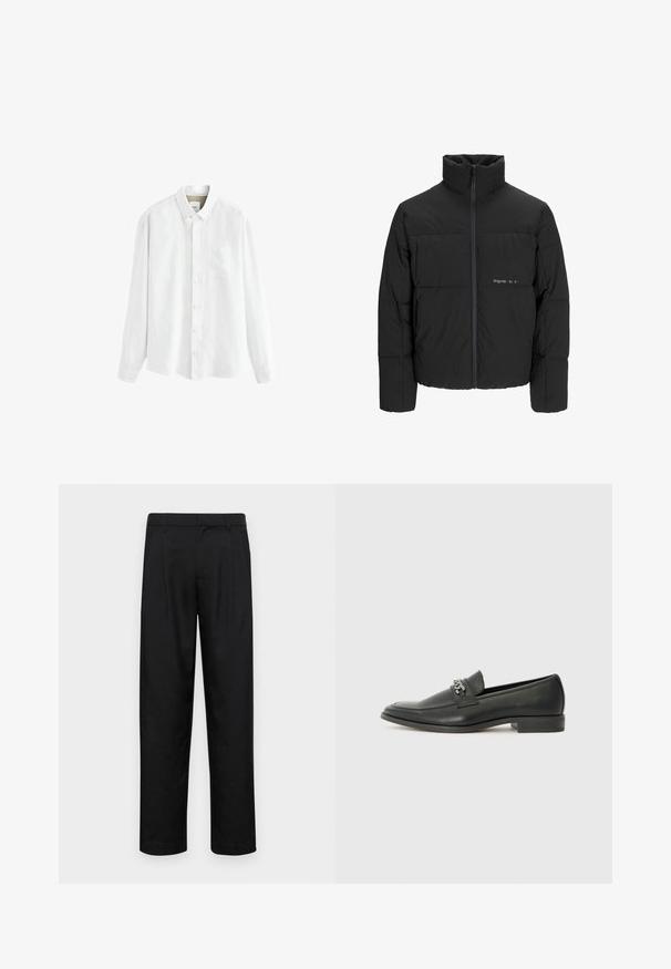 Fekete puff dzseki magas gallérral, elülső cipzárral és steppelt kialakítással. Simaságú anyag, finom logóval a mellkason.; Fehér, hosszú ujjú ing könnyű anyagból, gombos gallérral, elülső zsebbel és klasszikus gombolással.; Fekete nadrág sima anyagból, egyenes szárú fazonnal, két elülső redővel és közönséges derékkal, övhurkokkal.; Fekete bőr loaferek sima felülettel, varrott mintával és díszítő fém lánccal a cipő elején. Lapos sarok.