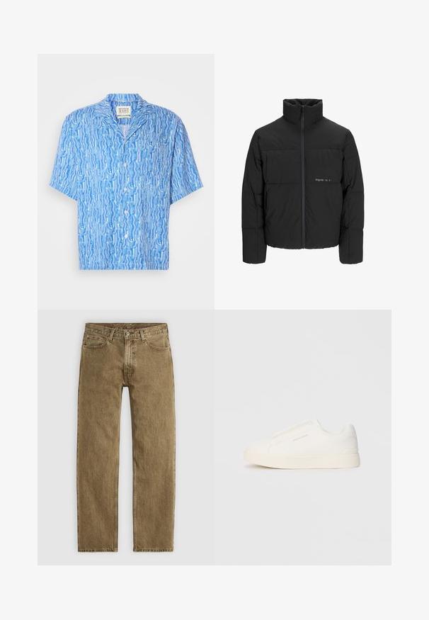 Czarna kurtka puchowa z wysokim kołnierzem, z przodu na zamek błyskawiczny i pikowanym wzorem. Gładki materiał z subtelnym logo na piersi.; Koszula krótko-sleeve z niebieskiego materiału w jasnym odcieniu, z wirującym białym wzorem. Wykonana z lekkiego materiału; casualowy krój kołnierzyka.; Jasnobrązowe dżinsy denimowe o prostym kroju, z pięcioma kieszeniami i mosiężnymi akcentami. Teksturowana tkanina z widocznymi detalami przeszycia.; Białe sneakersy wsuwane z teksturowanej powierzchni, grubą podeszwą i minimalistycznym designem. Zawierają logo marki z boku.