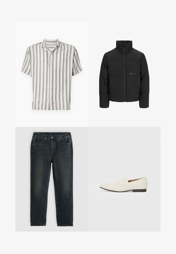 Jachetă puffer neagră, cu guler înalt, închidere cu fermoar pe față și design matlasat. Material neted cu un logo subtil pe piept.; Cămașă cu mânecă scurtă, cu nasturi, de culoare crem, cu dungi verticale negre. Are guler și cinci nasturi pe față. Țesătură texturată.; Jeans din denim negre cu o croială dreaptă, design cu cinci buzunare și detalii ușor decolorate. Prezintă o închidere cu nasture și fermoar.; Loafers bej cu un vârf ascuțit, dintr-un material neted, cu o bandă peste vamp și o talpă joasă maro. Design simplu cu accente minime.