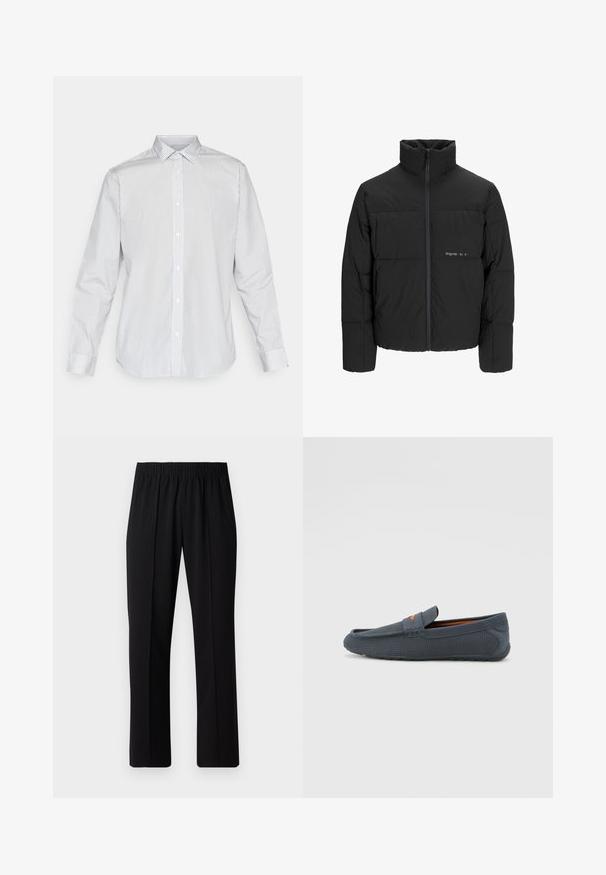 Czarna kurtka puchowa z wysokim kołnierzem, z przodu na zamek błyskawiczny i pikowanym wzorem. Gładki materiał z subtelnym logo na piersi.; Jack & Jones JJJOE niebieski; Czarne spodnie z elastycznym pasem o prostym kroju, z gładką strukturą i bez widocznych wzorów czy elementów metalowych.; Szare, perforowane mokasyny o konstrukcji typu slip-on, z pomarańczowym akcentem, zaokrąglonym noskiem i teksturowaną gumową podeszwą.