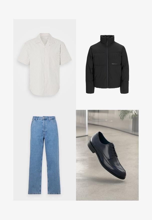 Schwarze Pufferjacke mit hohem Kragen, Front-Reißverschluss und gestepptem Design. Glattes Material mit dezentem Logo auf der Brust.; Kurzärmliges Hemd in hellbeige mit vertikalen dunklen Streifen, ausgestattet mit einer Brusttasche und einem umklappbaren Kragen.; Schwarzes Baumwoll-T-Shirt mit kurzen Ärmeln, Rundhalsausschnitt und Druck auf der linken Brustseite in weißem und goldenem Text, mit einem entspannten Schnitt.; Helle blaue Denim-Jeans mit geradem Bein und klassischem Fünf-Taschen-Design, ausgestattet mit einem vorderen Knopfverschluss und Gürtelschlaufen. Glatte Textur.; Glänzender schwarzer Leder-Dressschuh mit Schnürsenkeln, schwebend über einem glatten, hellgrauen Boden und vertikalen Metallstäben im Hintergrund.