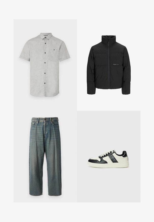 Doudoune noire avec un col haut, fermeture éclair sur le devant et design matelassé. Tissu lisse avec un logo subtil sur la poitrine.; Chemise à manches courtes en tissu gris clair, dotée d'une poche poitrine et de boutons foncés pour le contraste. Texture lisse avec un motif subtil.; Jeans en denim bleu clair avec une coupe ample, taille mi-haute et jambes droites. Comprend cinq poches, des passants de ceinture et une fermeture à bouton.; Baskets en cuir avec un schéma de couleurs noir et crème, dotées d'accents perforés, d'un col rembourré et d'une semelle texturée.