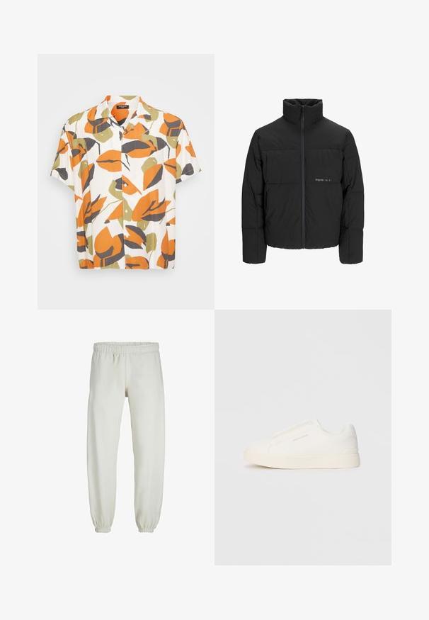 Black puffer jacket featuring a high collar, front zip closure, and quilted design. Smooth fabric with a subtle logo on the chest.; Short-sleeve shirt made of lightweight fabric features a white background with large orange, green, and gray leaf patterns. Button-down front.; White sweatpants made from soft fabric, featuring an elastic waistband and cuffs, with a smooth texture and loose-fitting design.; White slip-on sneakers with a textured surface, a thick sole, and minimalistic design. Features brand logo on the side.