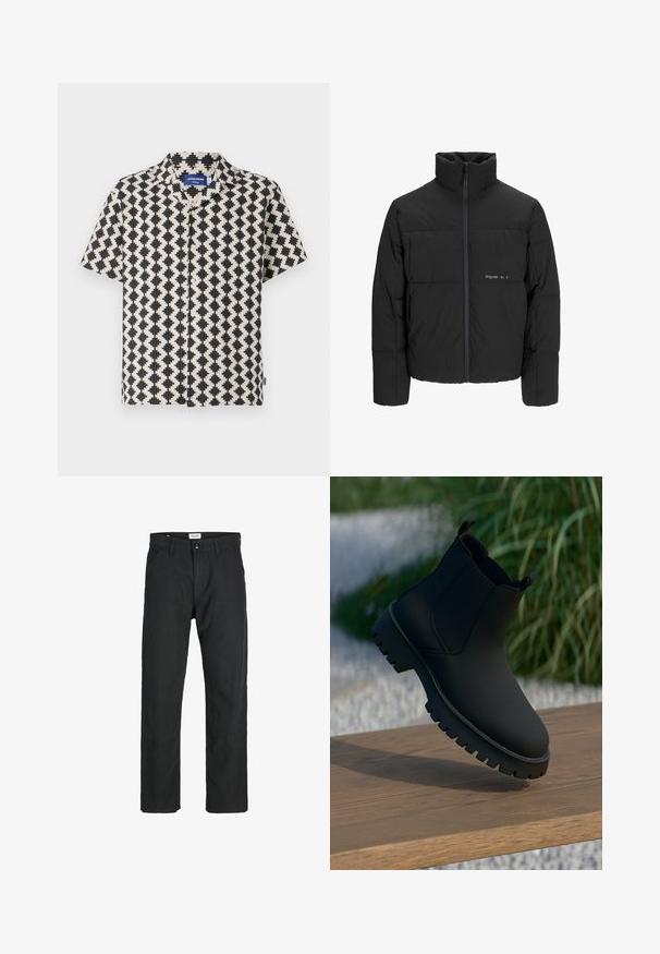 Mustra musta puffer-jakk, millel on kõrge krae, eesne tõmblukku ja tikandiga disain. Sile kangas, millel on rindkeres diskreetne logo.; Lühikeste varrukatega särk kreemja ja musta geomeetrilise mustriga. Omab krae ülemist osa ja esi-nupulukku. Valmistatud kergest kangast.; Mustad mustad, mis on valmistatud vastupidavast kangast, sirge jala disainiga, õmmeldud detailidega ja kahe eesmise taskuga funktsionaalsuse jaoks.; Mustad mustasaapad siledast viimistlusest, elastsete külg-paneelidega ja paksu, robustse tallaga. Asetatud loodusliku tausta kohale puidu pinnale.