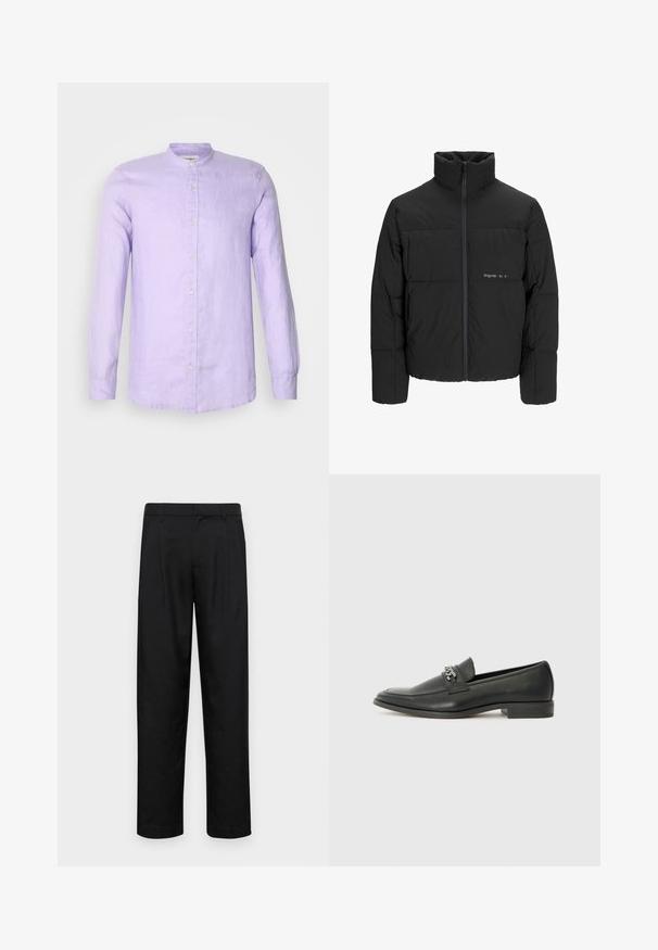 Mustra musta puffer-jakk, millel on kõrge krae, eesne tõmblukku ja tikandiga disain. Sile kangas, millel on rindkeres diskreetne logo.; Pikkade varrukatega särgipluus heledast lavendlitoonis linast, millel on seisev krae ja esine nööpide sulgemine. Sile tekstuur ja lõdva lõikega.; Mustad mustadest riietest, millel on sirge jalgade disain, kaks eesmist voltimist ja tavaline vöökoht, millel on vöökohad.; Must haveate nahkking punased, millel on sile viimistlus, tikitud muster ja dekoratiivne metallkett vampi üle. Tasane konts.