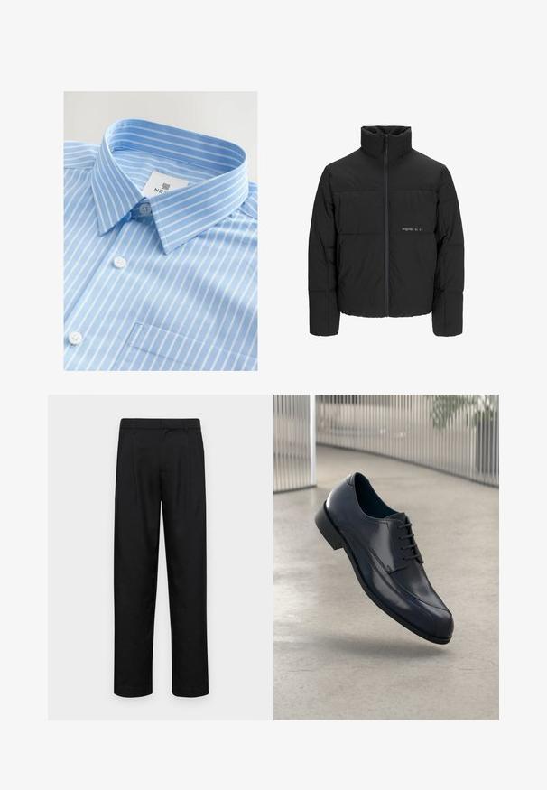 Musta puhvijakku, jossa on korkea kaulus, etuvetoketju ja tikattu muotoilu. Sileä kangas, jossa on hienovarainen logo rinnassa.; Vaaleansininen kauluspaita, jossa on valkoisia pystysuoria raitoja, napitus edessä, teräväkaulus ja yksi rintatasku. Kangas vaikuttaa sileältä.; Mustat housut, jotka on valmistettu sileästä kankaasta, suoran lahkeen muotoilulla, kahdella etupleekillä ja tavanomaisella vyötäröllä, jossa on vyölenkit.; Kiiltävä musta nahkakengät nauhoilla, leijuu tasaisella vaaleanharmaalla lattialla ja taustalla on pystysuorat metalliputket.