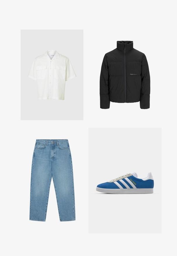 Černá péřová bunda s vysokým límcem, předním zipem a prošívaným designem. Hladká tkanina se subtilním logem na hrudi.; Bílá košile s krátkým rukávem na knoflíky se dvěma předními kapsami, vyrobená z lehkého materiálu, s jemným vertikálním pruhovaným vzorem.; Světle modré džíny s širokými nohavicemi a vysokým pasem, které mají pět kapes, poutka na opasek a měkkou, mírně vybledlou strukturu.; adidas Originals ADIDAS GAZELLE SHOES - Sálové kopačky - real madrid/bluebird/footwear white/crew yellow