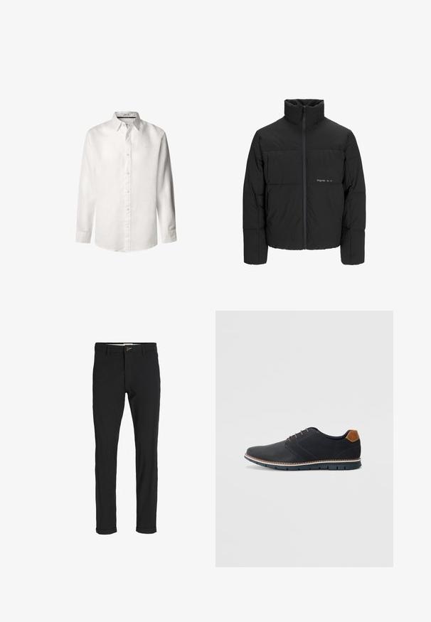 Černá péřová bunda s vysokým límcem, předním zipem a prošívaným designem. Hladká tkanina se subtilním logem na hrudi.; Bílá košile s dlouhým rukávem vyrobená z lehkého lnu, s knoflíkovým zapínáním, špičatým límcem a decentním logem vyšitým blízko hrudníku.; Černé kalhoty z bavlněné směsi s úzkým střihem, s knoflíkovým zapínáním, kapsami a ohrnutými manžetami pro uvolněný vzhled.; Černé syntetické boty s texturovaným svrškem, hladkými detaily, hnědým podpatkem a kontrastní podrážkou. Obsahují minimální šněrování a švy.