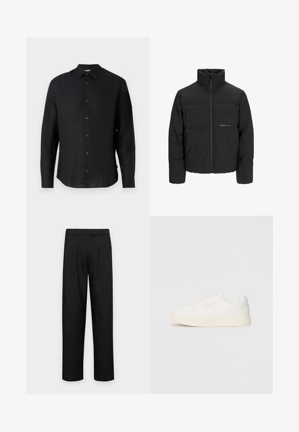 Svart boblejakke med høy krage, frontåpning med glidelås og kviltet design. Glatt stoff med en subtil logo på brystet.; Svart, langermet skjorte laget av lett lin. Har spiss krage, knapplukking foran og rettkantet nederkant. Myk tekstur.; Sorte bukser laget av glatt stoff, med rette ben, to frontfoldninger og standard liv med beltehemper.; Hvite slip-on joggesko med teksturert overflate, tykk såle og minimalistisk design. Har merkevarelogo på siden.