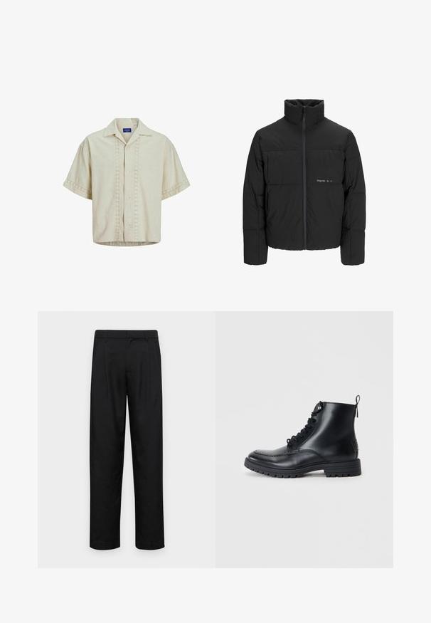 Juodas pūkinis švarkas su aukštu apykakle, priekiniais užtrauktukais ir kvadratinės siuvimo dizainu. Lygus audinys su subtiliu logotipu krūtinėje.; Šviesiai smėlinės spalvos trumpomis rankovėmis marškiniai iš lino su sagų užsegimu, viduryje ir ant rankovių kraštų turi skylučių detalę. Tiesus apačios kraštas.; Juodi kelnių modeliai, pagaminti iš lygios medžiagos, turi tiesią kojas, du priekiniai klostės ir standartinę juosmenį su diržo kilpomis.; Juodi odiniai auliniai batai iki kulkšnies su apvalia nosimi, raištelių užsegimu priekyje ir siuvinėtomis detalėmis. Savybės: kilpos užtraukimui gale ir tekstūruotas gumos padas.