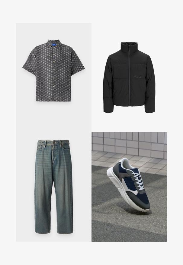 Melnā pūka jaka ar augstu apkakli, priekšējo rāvējslēdzēju un quilted dizainu. Gluda auduma virsma ar maigu logotipu uz krūšu daļas.; Melni īsās piedurknes pogājamais krekls ar baltu lapu rakstu, ar norādītu apkakli un brūnuma krāsas pogām, kas vienmērīgi izkārtotas pa priekšpusi.; Gaiši zili džinsi ar brīvu piegriezumu, vidējo jostas augstumu un taisnām kājām. Satur piecas kabatas, jostas cilpas un pogu aizdari.; Sporta apavi ar tumši zilas krāsas tīkla augšdaļu, pelēku zamšādas akcentiem, baltu gumijas zoli un plakaniem baltiem šņorēm, kas izstrādāti komfortam un elpojamībai.