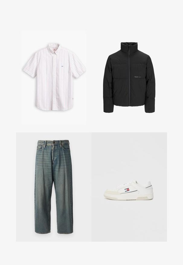 Doudoune noire avec un col haut, fermeture éclair sur le devant et design matelassé. Tissu lisse avec un logo subtil sur la poitrine.; Chemise à manches courtes à boutons de couleur blanche avec des rayures pastel verticales. Elle présente un col classique et un petit logo bleu sur la poitrine.; Jeans en denim bleu clair avec une coupe ample, taille mi-haute et jambes droites. Comprend cinq poches, des passants de ceinture et une fermeture à bouton.; Baskets blanches avec une tige en cuir lisse et un embout en suède, présentant un petit logo rouge, blanc et bleu sur le côté et une semelle texturée.