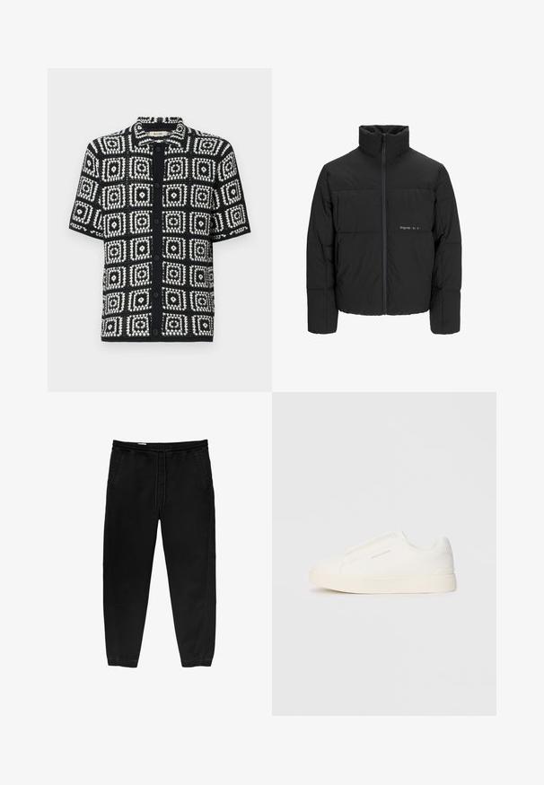 Schwarze Pufferjacke mit hohem Kragen, Front-Reißverschluss und gestepptem Design. Glattes Material mit dezentem Logo auf der Brust.; Kurzarmhemd in Schwarz und Weiß mit einem quadratischen Muster. Hergestellt aus strukturiertem Stoff, mit Knopfleiste und spitzem Kragen.; Schwarze Hose mit elastischem Bund und Kordelzug, tapered Beinen, Seitentaschen und subtilen seitlichen Stickdetails. Weicher Baumwollstoff.; Weiße Slip-On-Sneaker mit einer strukturierten Oberfläche, dicker Sohle und minimalistischem Design. Mit Logo der Marke an der Seite.
