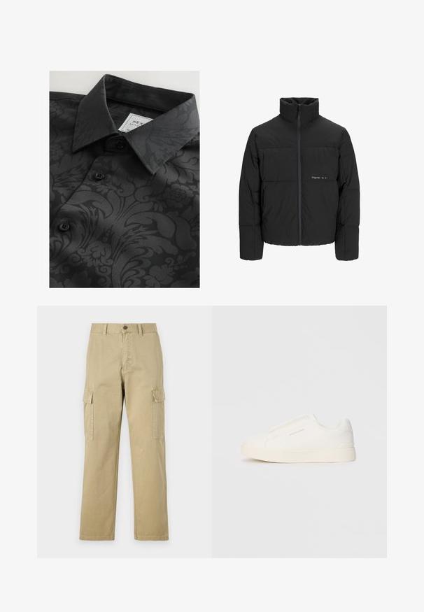 Zwarte pufferjas met een hoge kraag, ritssluiting aan de voorkant en een quilted design. Glad materiaal met een subtiel logo op de borst.; Zwarte shirt met een patroontextuur met bloem- en abstracte ontwerpen, een klassieke kraag en zwarte knopen. Etiket zichtbaar binnenin de kraag.; Beige cargobroek van katoen, met twee zijzakken, een knoopsluiting en rechte pijpen van een licht gestructureerde stof.; Witte instap sneakers met een gestructureerd oppervlak, een dikke zool en een minimalistisch ontwerp. Bevat het merklogo aan de zijkant.
