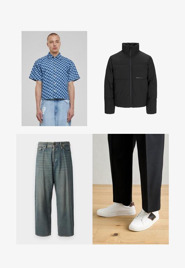 Czarna kurtka puchowa z wysokim kołnierzem, z przodu na zamek błyskawiczny i pikowanym wzorem. Gładki materiał z subtelnym logo na piersi.; Koszula z krótkim rękawem w niebieską kratę, wykonana z denimu, z zapięciem na guziki z przodu oraz skróconym, pudełkowym krojem. Zniszczone dżinsy poniżej.; Jasnoniebieskie dżinsy o luźnym kroju, średnim stanie i prostych nogawkach. Posiadają pięć kieszeni, szlufki na pasek oraz zapięcie na guzik.; Białe trampki o gładkiej fakturze, z brązowymi skórzanymi akcentami i czarnymi detalami, zestawione z czarnymi eleganckimi spodniami. Tło stanowi drewniana podłoga.