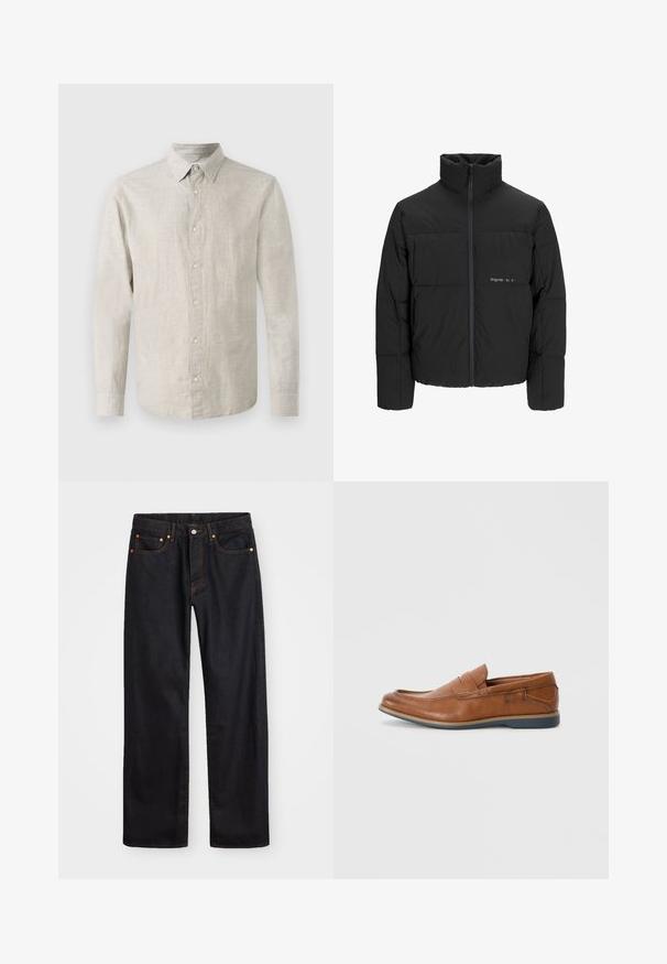 Svart boblejakke med høy krage, frontåpning med glidelås og kviltet design. Glatt stoff med en subtil logo på brystet.; Lys beige langermet skjorte laget av teksturert stoff, med knappelukking foran, krage og mansjetter. Enkel design uten mønstre.; Men's straight-leg svarte denim jeans med fem lommer og oransje søm, knapp og glidelås lukking foran på midjen.; Brune skinnloafers med rund tå, broderte detaljer og såle i gummi. Designet har et bånd over vristen.