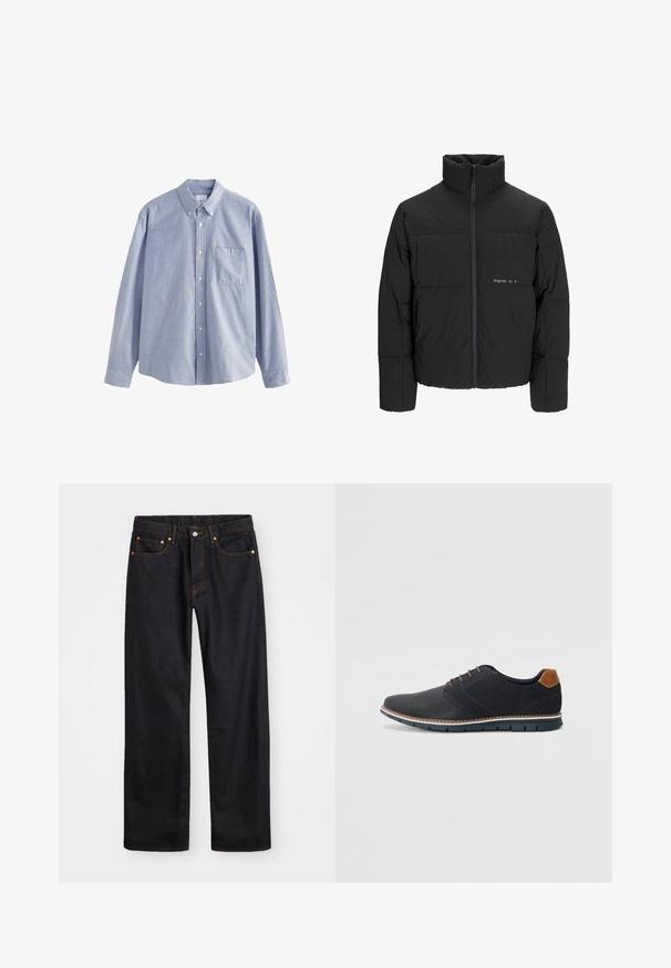 Schwarze Pufferjacke mit hohem Kragen, Front-Reißverschluss und gestepptem Design. Glattes Material mit dezentem Logo auf der Brust.; Helles blaues Langarmshirt aus Baumwolle mit einem Button-Down-Kragen, sechs Knöpfen und einer Brusttasche mit weicher Textur.; Herren gerade geschnittene schwarze Jeans aus Denim mit fünf Taschen und orangefarbenen Nähten, Knopf- und Reißverschluss vorne am Bund.; Schwarze synthetische Schuhe mit einer strukturierten Oberseite, glatten Akzenten, braunem Absatz und einer kontrastierenden Sohle. Verfügt über minimale Schnürung und Nähdetails.