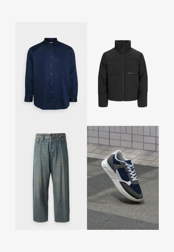 Black puffer jacket featuring a high collar, front zip closure, and quilted design. Smooth fabric with a subtle logo on the chest.; Navy blue button-up shirt made of smooth fabric, featuring a classic collar, long sleeves, and front button placket with matching buttons.; Light blue denim jeans with a loose fit, mid-rise waist, and straight legs. Features five pockets, belt loops, and a button closure.; Sneaker featuring a navy blue mesh upper, gray suede accents, white rubber sole, and flat white laces, designed for comfort and breathability.
