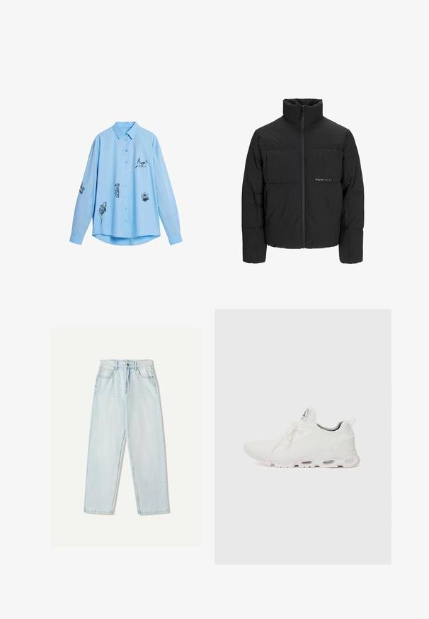 Schwarze Pufferjacke mit hohem Kragen, Front-Reißverschluss und gestepptem Design. Glattes Material mit dezentem Logo auf der Brust.; Himmelblaues Baumwollhemd mit langen Ärmeln, das auf der Vorderseite und an den Ärmeln schwarze bestickte Tiermotive zeigt. Mit einem Button-Down-Kragen.; Helle blaue Denim-Jeans mit lässiger Passform, geradem Beindesign, Fünf-Taschen-Stil und dezentem Verblassen des Stoffes.; Weiße Sportschuhe mit einem strukturierten Strickobermaterial, flachen Schnürsenkeln und einer gepolsterten Sohle mit sichtbaren Luftkammern für zusätzlichen Halt.