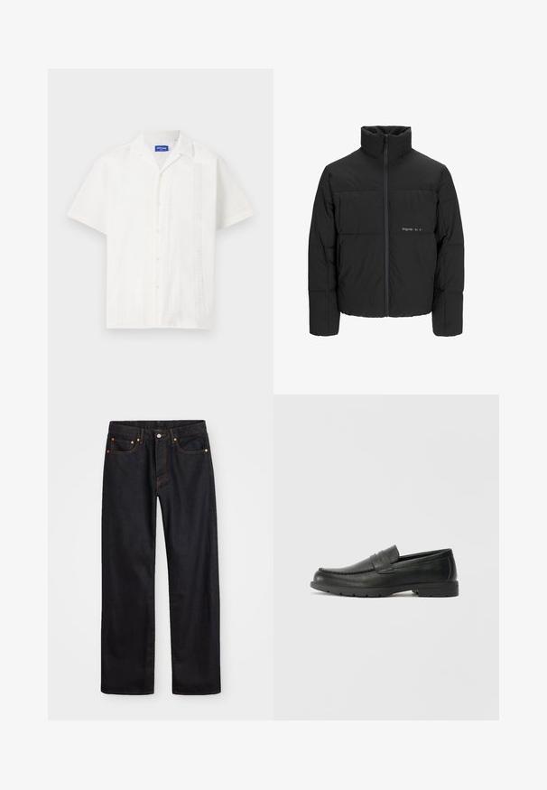 Jachetă puffer neagră, cu guler înalt, închidere cu fermoar pe față și design matlasat. Material neted cu un logo subtil pe piept.; Cămașă albă cu mâneci scurte, cu închidere cu butoane, prezentând modele complexe pe față și un design clasic al gulerului.; Jeans negri din denim pentru bărbați, cu croială dreaptă, cinci buzunare și cusături portocalii, închidere cu nasture și fermoar pe talie.; Labeled cu oglindă din piele neagră cu un finisaj neted, partea superioară în stil mocasin, detalii cusute și o talpă din cauciuc. Design clasic cu un toc jos.