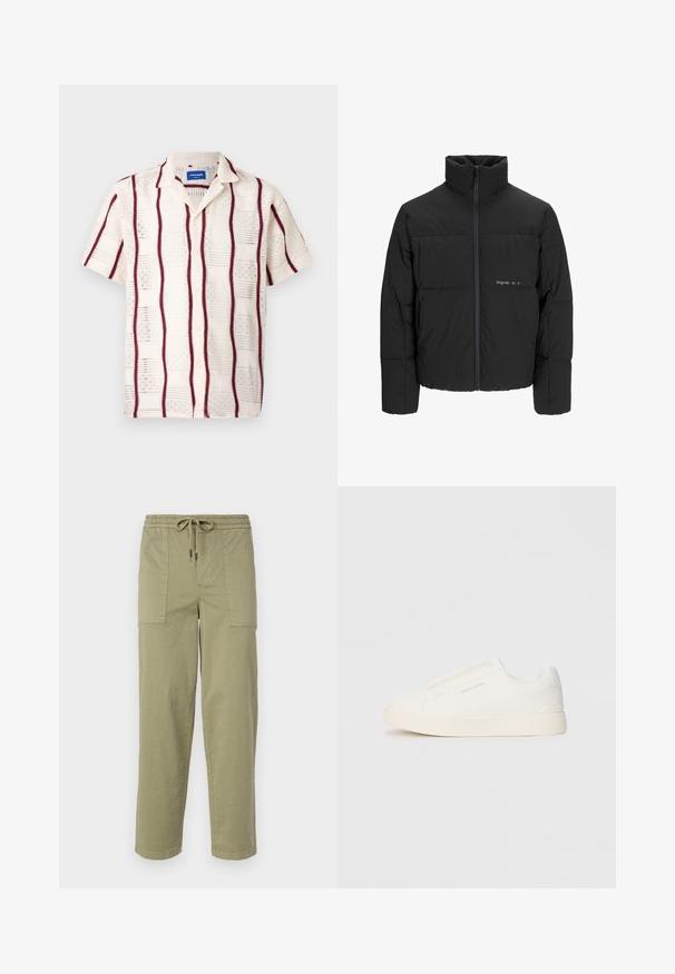 Giubbotto bomber nero con colletto alto, chiusura frontale con zip e design trapuntato. Tessuto liscio con un logo discreto sul petto.; Camicetta a maniche corte in crema con righe verticali bordeaux e un motivo ricamato. Chiusura con bottoni davanti e colletto a punte.; Pantaloni verde oliva chiaro realizzati in tessuto misto cotone, con una vita elasticizzata e cordoncino, e due ampie tasche laterali.; Sneakers bianchi slip-on con superficie texturizzata, suola spessa e design minimalista. Presentano il logo del marchio sul lato.