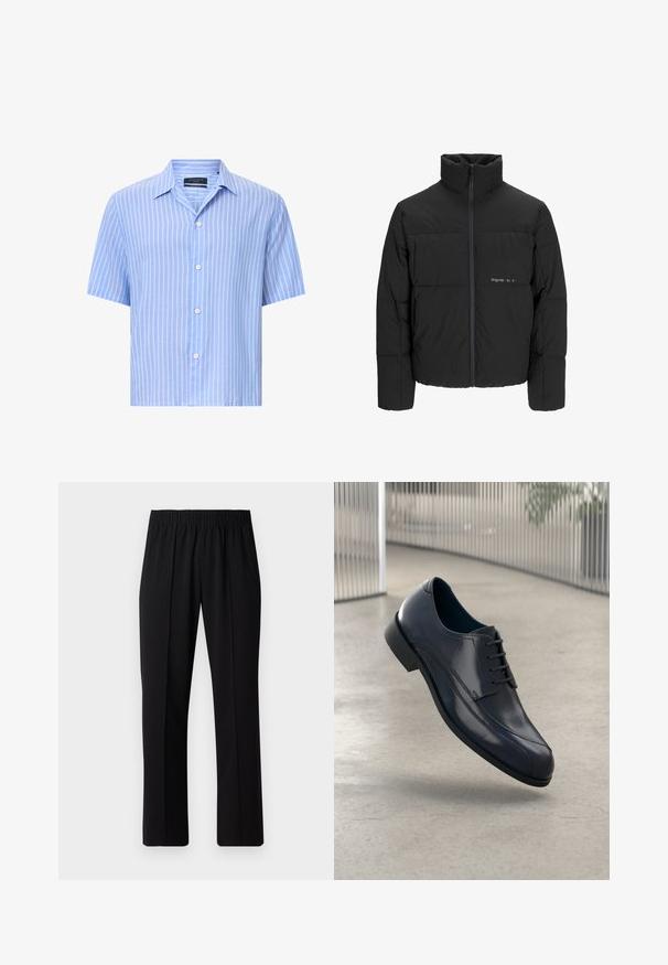 Schwarze Pufferjacke mit hohem Kragen, Front-Reißverschluss und gestepptem Design. Glattes Material mit dezentem Logo auf der Brust.; Kurzarmpoloshirt in Hellblau mit weißen vertikalen Streifen. Aus leichtem Stoff gefertigt, mit klassischem Kragen und fünf Knöpfen.; Schwarze, Gummibund-Hosen mit geradem Schnitt, die eine glatte Textur aufweisen und keine sichtbaren Muster oder Beschläge haben.; Glänzender schwarzer Leder-Dressschuh mit Schnürsenkeln, schwebend über einem glatten, hellgrauen Boden und vertikalen Metallstäben im Hintergrund.