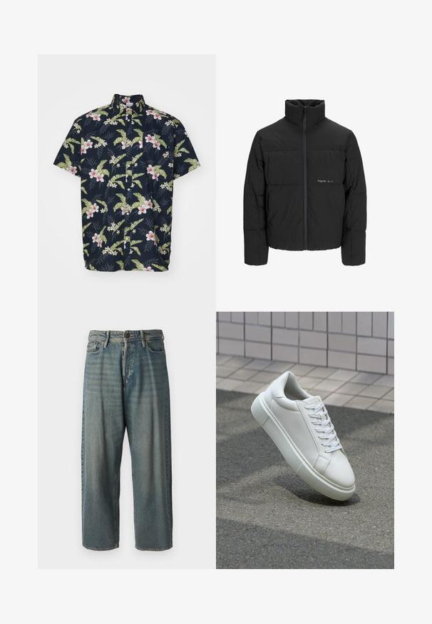 Svart boblejakke med høy krage, frontåpning med glidelås og kviltet design. Glatt stoff med en subtil logo på brystet.; Kortermet skjorte med knapp i marineblå med et blomsterdesign som har rosa blomster og grønne blader. Laget av lett stoff, avslappet passform.; Lyseblå denimjeans med løs passform, midjehøyde og rette ben. Har fem lommer, beltehemper og knappelukking.; Hvit lær sneaker med glatt overflate, rund tå og flate hvite snøringer. Har en teksturert gummisåle og minimale design elementer.