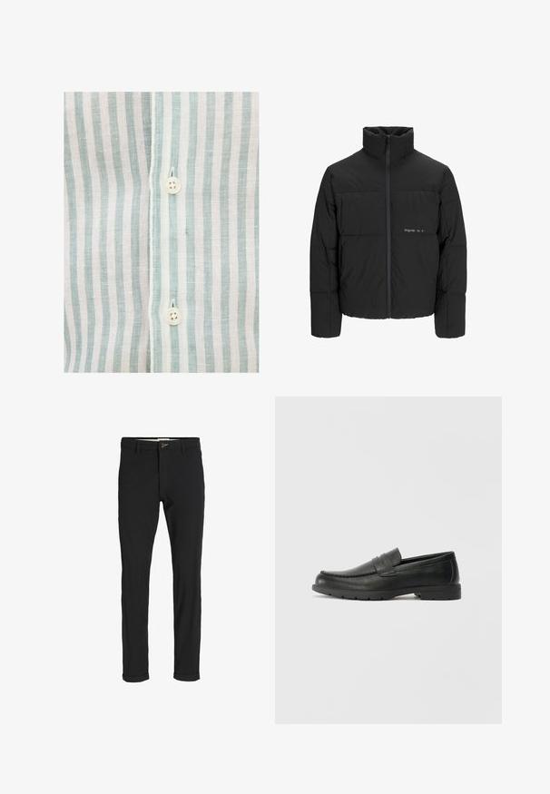 Schwarze Pufferjacke mit hohem Kragen, Front-Reißverschluss und gestepptem Design. Glattes Material mit dezentem Logo auf der Brust.; Gestreiftes Hemd mit hellblauen und weißen senkrechten Streifen, aus leichtem Stoff, mit sichtbarem weißen Knopf und genähten Details.; Schwarze Baumwollmischungshose mit schmalem Schnitt, gekennzeichnet durch einen Knopfverschluss, Taschen und umgeschlagenen Säumen für einen lässigen Abschluss.; Schwarze Lederloafers mit glatter Oberfläche, Mokassin-oberteil, genähten Details und Gummisohle. Klassisches Design mit niedrigem Absatz.
