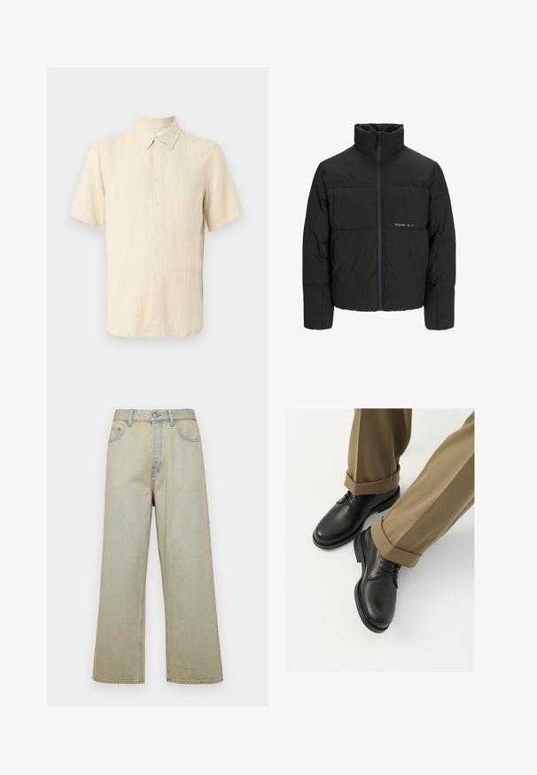 Črni pufast plašč z visokim ovratnikom, sprednjim zadrgo in prešitjem. Gladka tkanina z diskretnim logotipom na prsih.; Svetlo bež majica s kratkimi rokavi, izdelana iz teksturirane tkanine, z ovratnikom na gumb in vertikalnim rebrastim vzorcem ter sprednjimi gumbi.; Svijetloplavi traper hlače širokog kroja s izblijedjelim finishom. Ima pet džepova i kopčanje na gumbe sprijeda.; Črne usnjene oblečne čevlje z gladko površino, z vezalkami in okroglo toe, v kombinaciji s spuščenimi kaki hlačami.