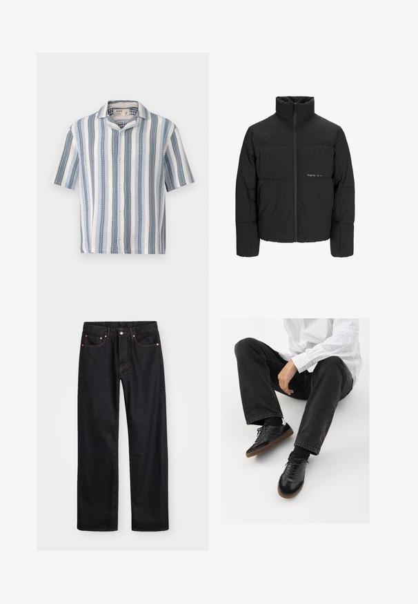 Fekete puff dzseki magas gallérral, elülső cipzárral és steppelt kialakítással. Simaságú anyag, finom logóval a mellkason.; Rövidujjú gombos ing, amely kék és fehér függőleges csíkokkal, kivágott gallérral és könnyű, texturált anyaggal rendelkezik.; Férfi egyenes szabású fekete farmernadrág öt zsebbel és narancssárga varrással, gombos és cipzáros záródással elöl.; Fekete tornacipők sima és texturált felsőrészel, gumitalppal és sötét cipőfűzőkkel. Fekete farmernadrággal és fehér csíkos inggel párosítva.