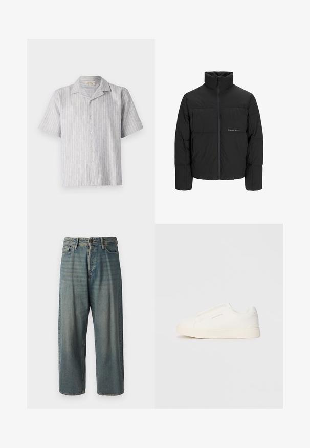 Crna puffer jakna s visokim ovratnikom, prednjim zatvaračem i kviltanim dizajnom. Glatka tkanina s suptilnim logotipom na prsima.; Košulja s kratkim rukavima, u svijetloplavoj i bijeloj prugastoj lanenoj tkanini. Ima klasični ovratnik i ravni rub, s pet dugmadi sprijeda.; Svijetloplave traperice s širokim krojem, srednjim pojasom i ravnim nogavicama. Ima pet džepova, petlje za remen i kopčanje na gumb.; Bijele slip-on tenisice s teksturiranom površinom, debelim đonom i minimalističkim dizajnom. Sadrže logo branda sa strane.