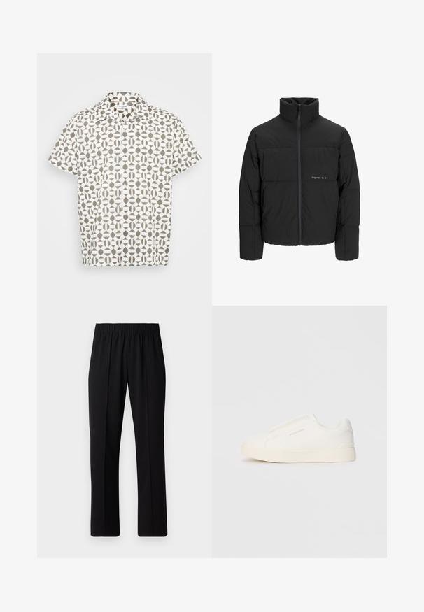 Black puffer jacket featuring a high collar, front zip closure, and quilted design. Smooth fabric with a subtle logo on the chest.; Short-sleeve button-up shirt in white fabric with a geometric brown pattern. Features a classic collar and subtle texture.; Black, elastic-waist trousers with a straight-leg design, featuring a smooth texture and no visible patterns or hardware.; White slip-on sneakers with a textured surface, a thick sole, and minimalistic design. Features brand logo on the side.