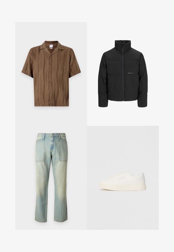 Melnā pūka jaka ar augstu apkakli, priekšējo rāvējslēdzēju un quilted dizainu. Gluda auduma virsma ar maigu logotipu uz krūšu daļas.; Brūna īsām piedurknēm krekls ar smalku svītrainu tekstūru, pogu aizdare priekšpusē un klasiskā apkakle. Viegls audums.; Gai zila denim auduma bikses ar taisnu kāju griezumu, redzamu izšuvumu un divām lielām priekšējām kabatām. Audumam ir izbalējusi tekstūra.; Baltas slip-on sporta apavi ar teksturētu virsmu, biezu zoli un minimālistisku dizainu. Sānos redzams zīmola logotips.