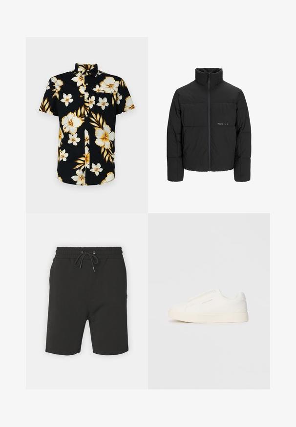Schwarze Pufferjacke mit hohem Kragen, Front-Reißverschluss und gestepptem Design. Glattes Material mit dezentem Logo auf der Brust.; Kurzarm, schwarzes Hemd mit Knöpfen, das große weiße und goldene Blumenmuster, einen klassischen Kragen und eine Brusttasche auf der linken Seite aufweist.; Schwarze Baumwollshorts mit elastischem Bund, Zugbandverschluss und seitlichen Taschen. Glatte Textur; knielanges Design.; Weiße Slip-On-Sneaker mit einer strukturierten Oberfläche, dicker Sohle und minimalistischem Design. Mit Logo der Marke an der Seite.