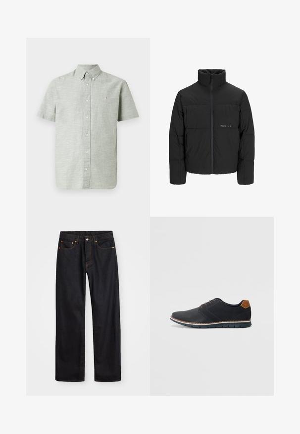 Czarna kurtka puchowa z wysokim kołnierzem, z przodu na zamek błyskawiczny i pikowanym wzorem. Gładki materiał z subtelnym logo na piersi.; Koszula z krótkim rękawem, w jasnym zielonym kolorze, wykonana z bawełny, z kołnierzykiem zapinanym na guziki, guzikami z przodu oraz małym haftowanym akcentem na piersi.; Męskie jeansy w prostym kroju, czarne, z pięcioma kieszeniami oraz pomarańczowymi strefami, z zapięciem na guzik i zamek z przodu w pasie.; Czarne syntetyczne buty z fakturowaną cholewką, gładkimi akcentami, brązowym obcasem i kontrastującą podeszwą. Charakteryzują się minimalnym sznurowaniem i detalami w szwach.