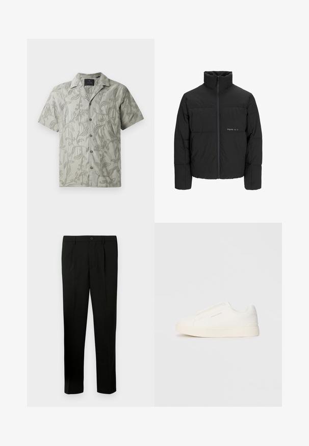 Zwarte pufferjas met een hoge kraag, ritssluiting aan de voorkant en een quilted design. Glad materiaal met een subtiel logo op de borst.; Korte mouwen lichtgrijze shirt met geborduurde bloemenpatronen, een camp collar en een knoopsluiting met grijze knopen.; Zwarte op maat gemaakte broek met een vlakke voorkant, twee plooien, een knoopsluiting, zijzakken en een rechte pijp. Gemaakt van een gladde stof.; Witte instap sneakers met een gestructureerd oppervlak, een dikke zool en een minimalistisch ontwerp. Bevat het merklogo aan de zijkant.