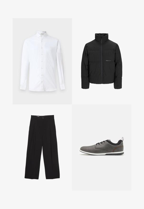 Černá péřová bunda s vysokým límcem, předním zipem a prošívaným designem. Hladká tkanina se subtilním logem na hrudi.; Bílá košile s dlouhými rukávy na knoflíky vyrobená z bavlny, s klasickým límcem, rovného střihu a hladkým povrchem s odpovídajícími knoflíky.; Černé kalhoty širokého střihu vyrobené z hladké látky, s plochým pasem, předními záhyby a jedním knoflíkem na zapínání.; Šedé kožené boty s černými akcenty, s kulatou špičkou, šněrovacím designem, bílou podrážkou a malým poutkem na patě.