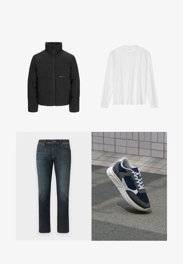 Juodas pūkinis švarkas su aukštu apykakle, priekiniais užtrauktukais ir kvadratinės siuvimo dizainu. Lygus audinys su subtiliu logotipu krūtinėje.; Ilgos rankovės baltas medvilnės marškinėliai su apvaliu kaklu ir raukšlėtomis rankovėmis. Paprastas, be puošmenų dizainas, turintis lygią tekstūrą ir standartinę prigludimą.; Tamsiai mėlynos džinsinės kelnės su tiesiu kirpimu. Ypatybės: priekiniai kišenės, metalinė mygtuko uždanga ir švelnus nudėvėjimas. Klasikinis penkių kišenių dizainas.; Sportiniai bateliai su tamsiai mėlynu tinkliniu viršumi, pilkais zomšiniais akcentais, balta guma padanga ir plokščiomis baltomis raištelėmis, sukurti komfortui ir oro pralaidumui.