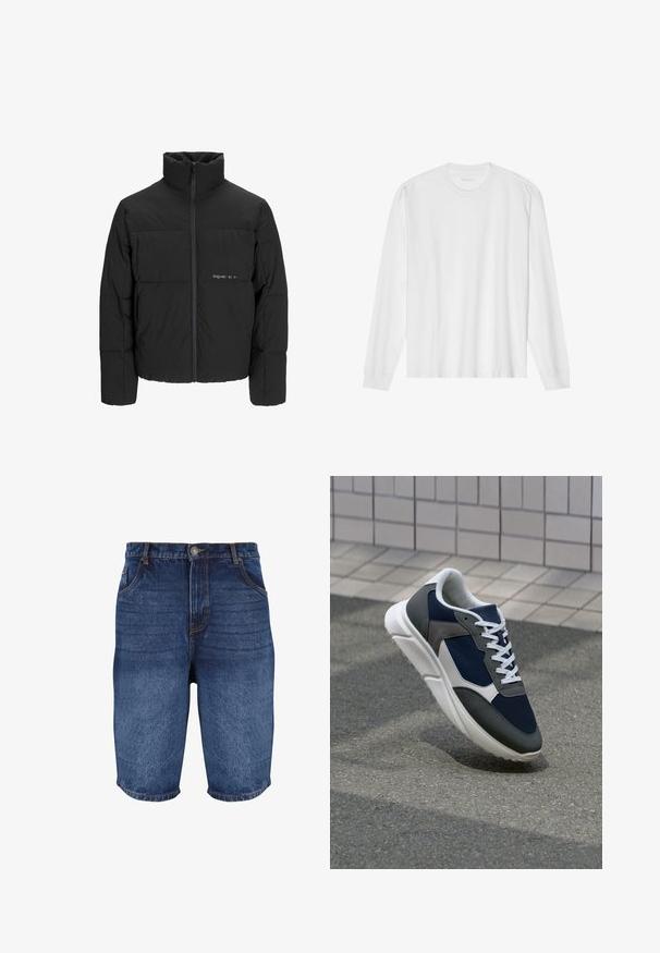 Črni pufast plašč z visokim ovratnikom, sprednjim zadrgo in prešitjem. Gladka tkanina z diskretnim logotipom na prsih.; Bela bombažna majica z dolgimi rokavi in posadnim izrezom ter rebrastimi manšetami. Preprost, neokrašen dizajn, ki se ponaša z gladko teksturo in standardnim krojem.; Denim kratke hlače v temno modri barvi z izbledelim zaključkom. Imajo pet žepov, sprednje zapiranje na gumb in šivano podrobnost ob šivih.; Superge z zgornjim delom iz mrežaste tkanine v mornarsko modri barvi, sivi usnjeni poudarki, belo gumijasto podplato in ravnimi belimi vezalkami, zasnovane za udobje in zračnost.