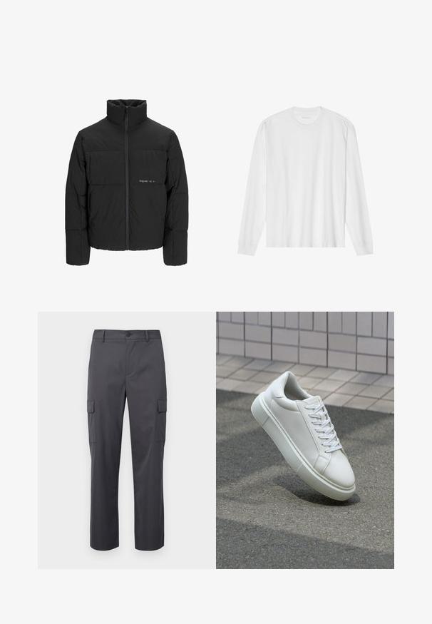 Schwarze Pufferjacke mit hohem Kragen, Front-Reißverschluss und gestepptem Design. Glattes Material mit dezentem Logo auf der Brust.; Langärmliges weißes Baumwoll-T-Shirt mit Rundhalsausschnitt und gerippten Bündchen. Einfaches, ungeschmücktes Design mit glatter Textur und normaler Passform.; Kohlgraue Cargo-Hosen aus glattem Stoff, mit geradem Bein, zwei Seitentaschen und einem Knopfverschluss an der Taille.; Weiße Leder-Sneaker mit glatter Oberfläche, runder Zehenpartie und flachen weißen Schnürsenkeln. Verfügt über eine strukturierte Gummisohle und minimalistische Designelemente.