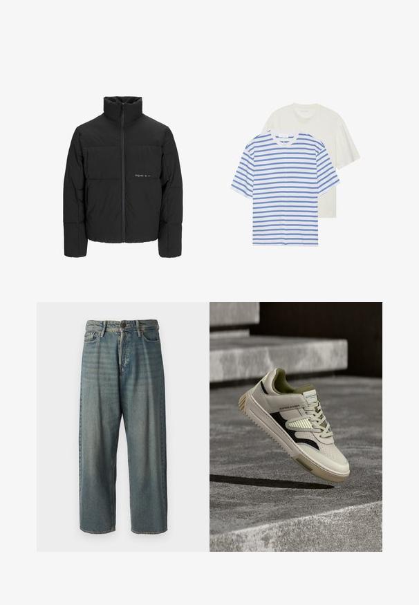 Mustra musta puffer-jakk, millel on kõrge krae, eesne tõmblukku ja tikandiga disain. Sile kangas, millel on rindkeres diskreetne logo.; Kaks lühikeste varrukatega T-särki: üks valge siniste triipudega ja teine ühtlane heledad kreem. Pehme puuvillane materjal, ümar kaelus, mugav lõige.; Heledad sinine denim-stiilis teksad, volüümse lõike, keskmise kõrgusega talje ja sirgete säärega. Omab viit taskut, vöökumme ja nööpide sulgemist.; Kreemjast nahast tennisetossud tume roheliste aktsentidega, tekstureeritud paneelid, must külgtriip ja robustne kummist tallaga, tõstetud betoonpinna kohal.