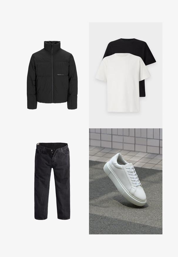 Chaqueta acolchada negra con un alto cuello, cierre frontal de cremallera y diseño acolchado. Tejido suave con un logo sutil en el pecho.; Conjunto de camisetas de algodón que incluye una camiseta negra y una blanca, ambas con mangas cortas, escote redondo y corte estándar. Tejido texturizado.; Jeans de mezclilla negra con diseño de pierna recta, cinco bolsillos, cierre de botón y acentos de costura naranja. Textura ligeramente desgastada en toda la prenda.; Zapatilla de cuero blanca con una superficie lisa, punta redonda y cordones blancos planos. Presenta una suela de goma texturizada y elementos de diseño mínimos.